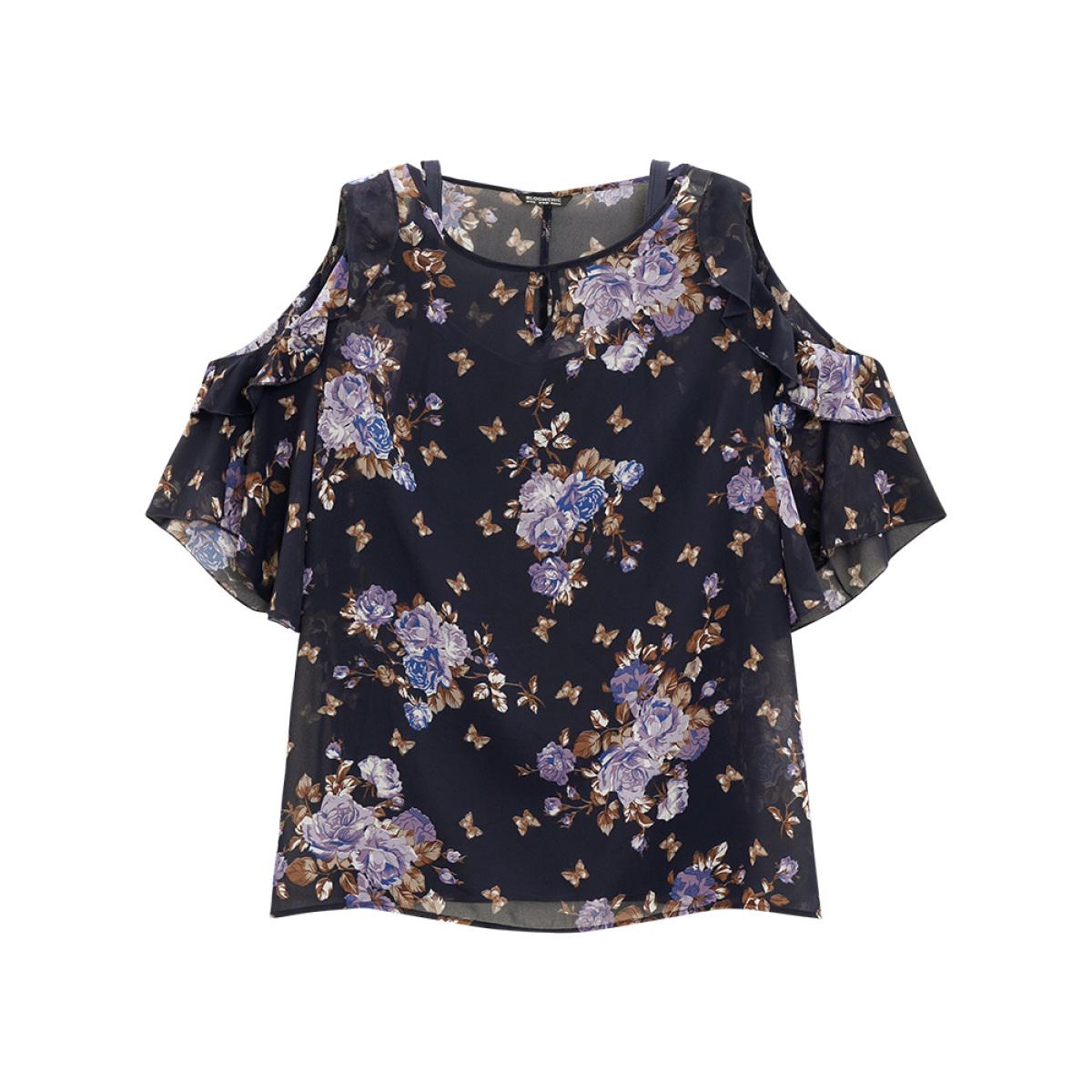 Plus Size Indigo Floral Cut Out Ruffle Trim Blouse With Cami Top Women Elegant Half Sleeve Cold Shoulder Dailywear Blouses BloomChic 30/6X Product Image