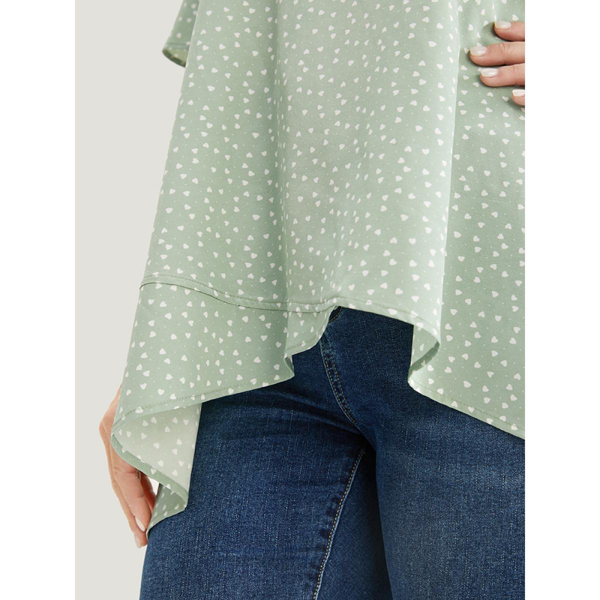 Plus Size Mint Heart Print Ruffle Sleeve Asymmetrical Hem Blouse Women Elegant Short sleeve V-neck Dailywear Blouses BloomChic 12/L Product Image