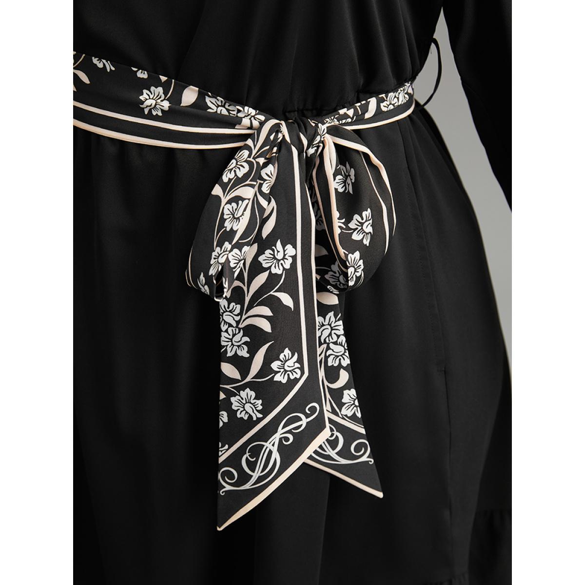 Plus Size Anti-Wrinkle Floral Print Belted Notched Dress Black Women At the Office Plain Notched collar Long Sleeve Curvy Knee Dress BloomChic 18-20/2X Product Image