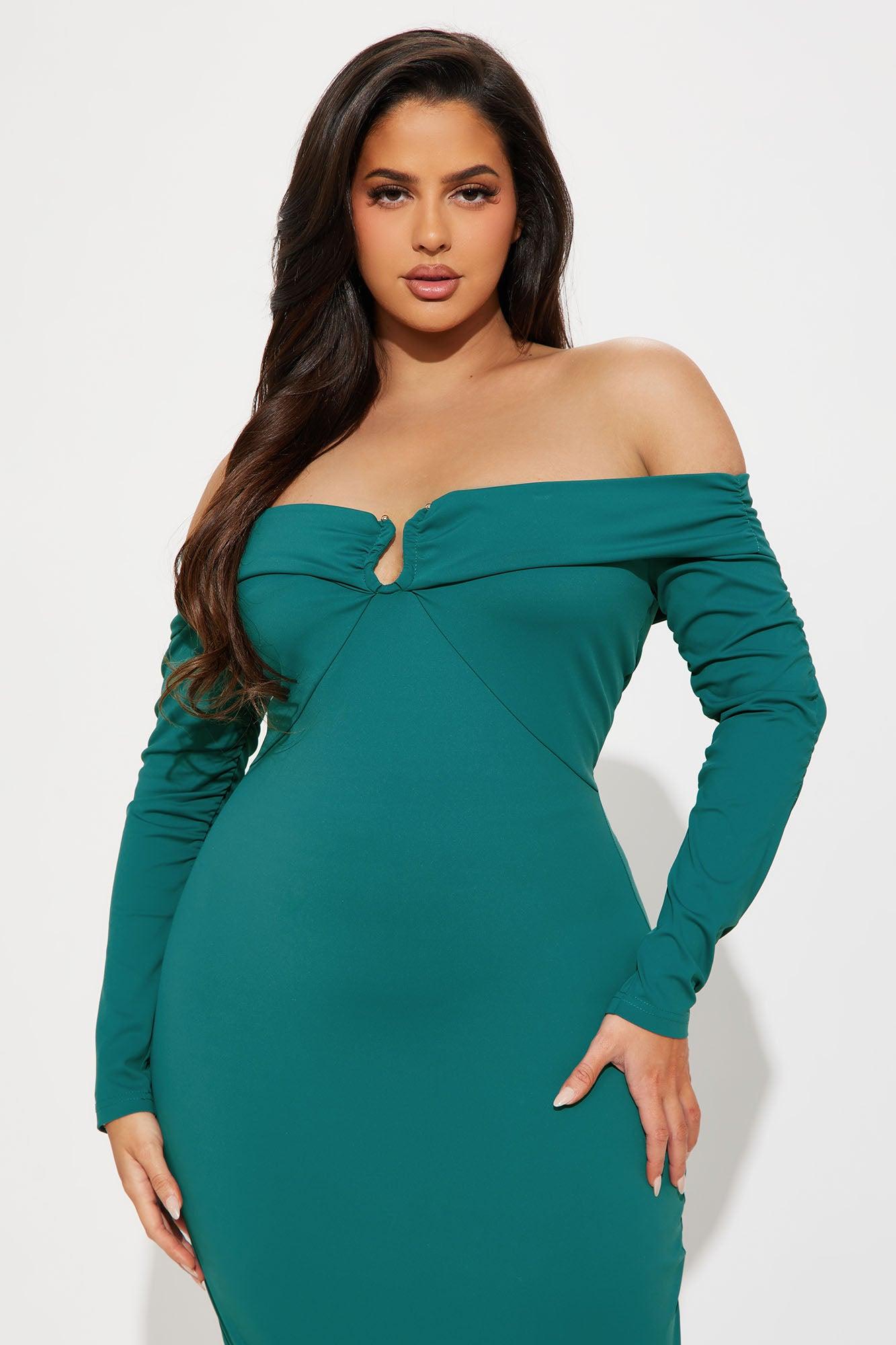 No Promises Off Shoulder Sculpt Midi Dress - Teal Product Image