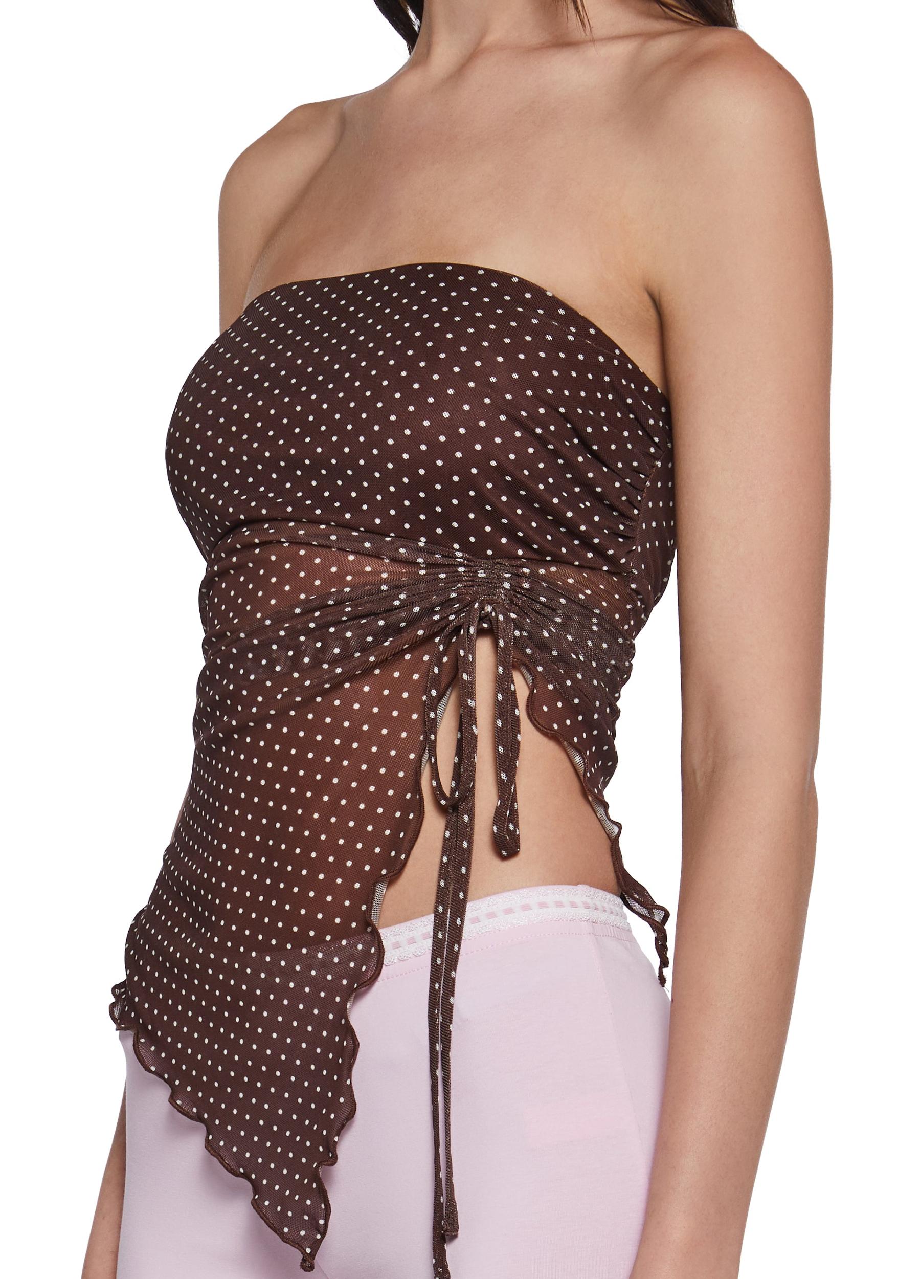 Womens Polka Dot Tube Top With Ruching - Brown Product Image