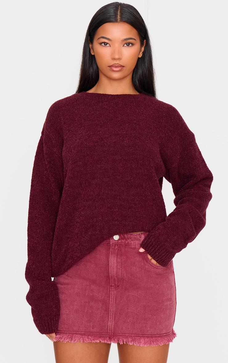 Washed Burgundy Raw Hem Denim Mini Skirt Product Image