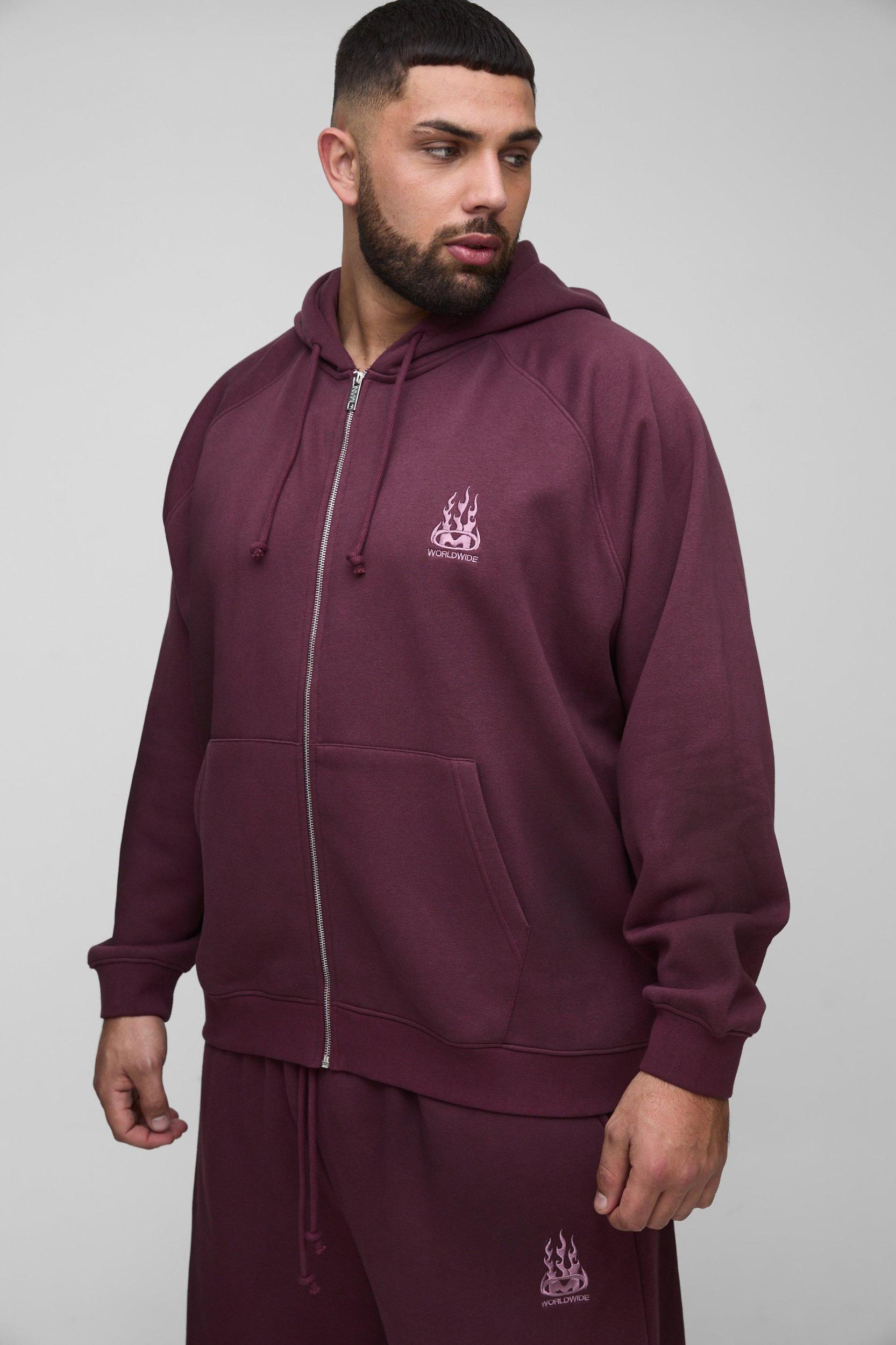 Plus Oversized Raglan Zip Thru Embroidered Spray Wash Hooded Tracksuit | boohooMAN USA Product Image