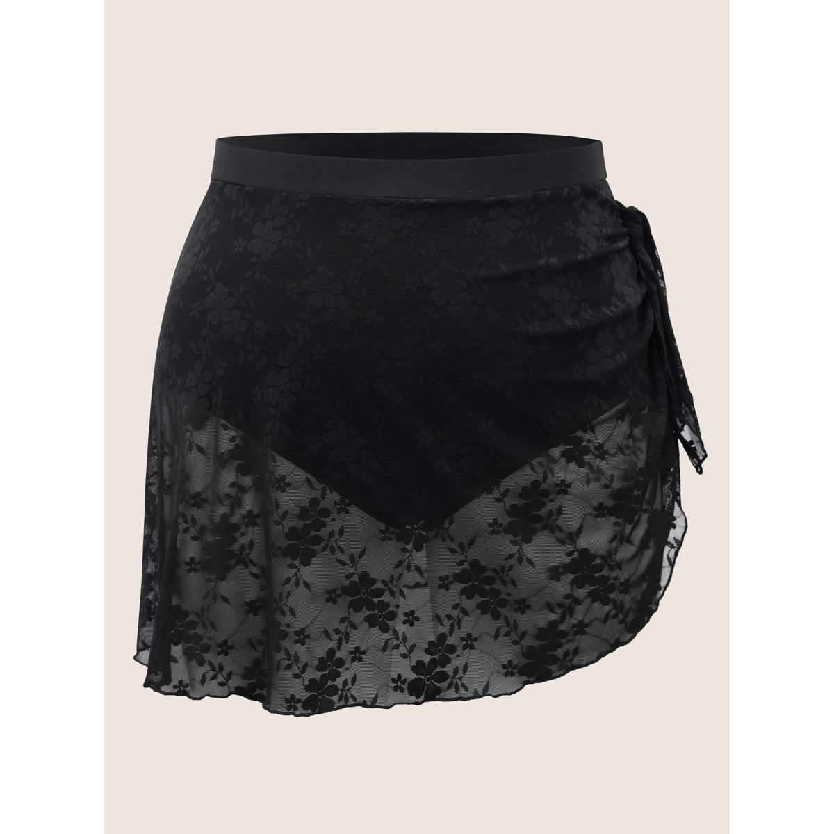 Plus Size Crochet Lace Mesh Tie Knot Swim Bottom Women's Swimwear Black Beach Texture High stretch Bodycon High Rise Curve Swim Bottoms BloomChic 12/L Product Image