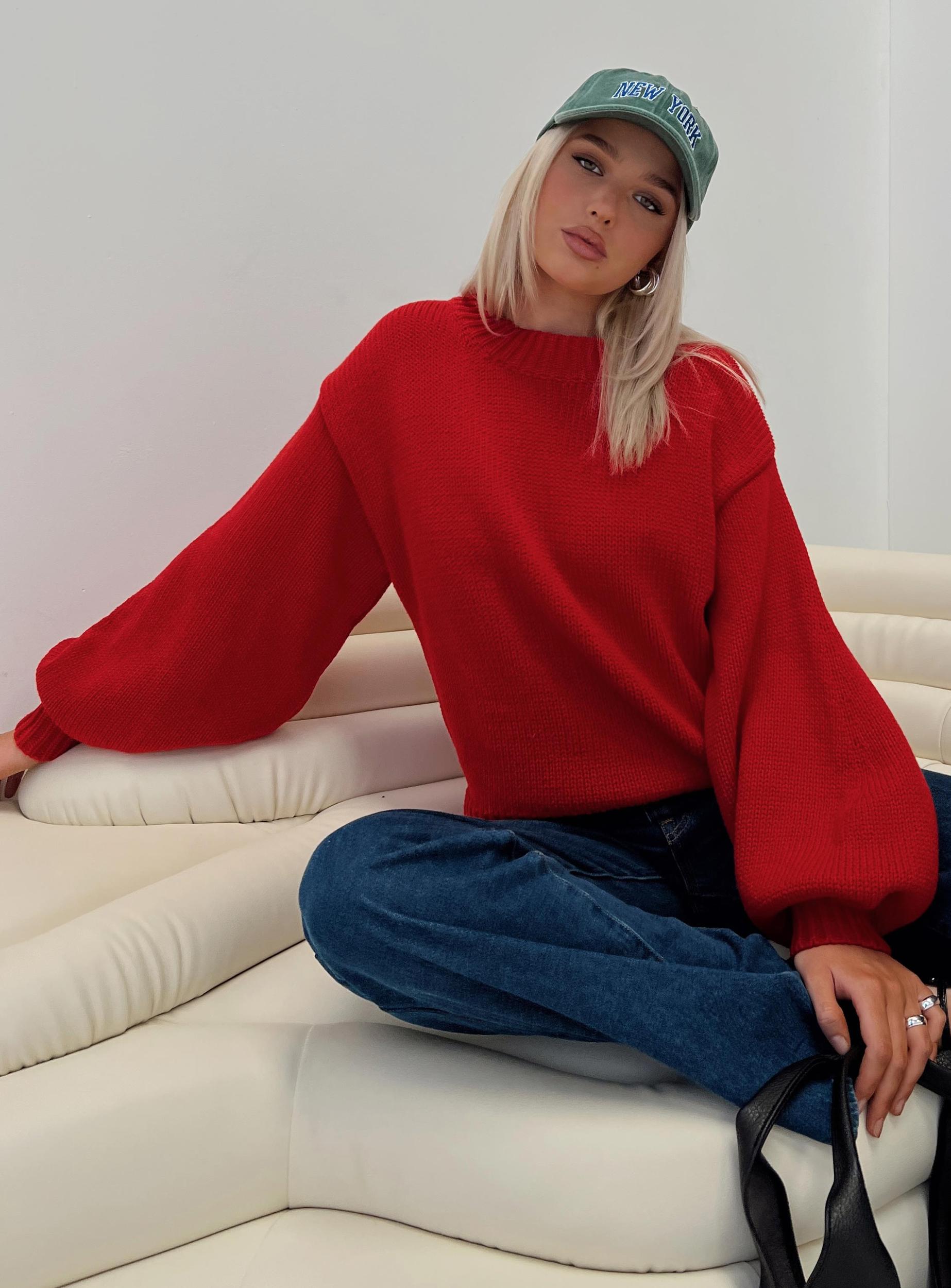 Harmony Balloon Sleeve Knit Sweater Red Product Image
