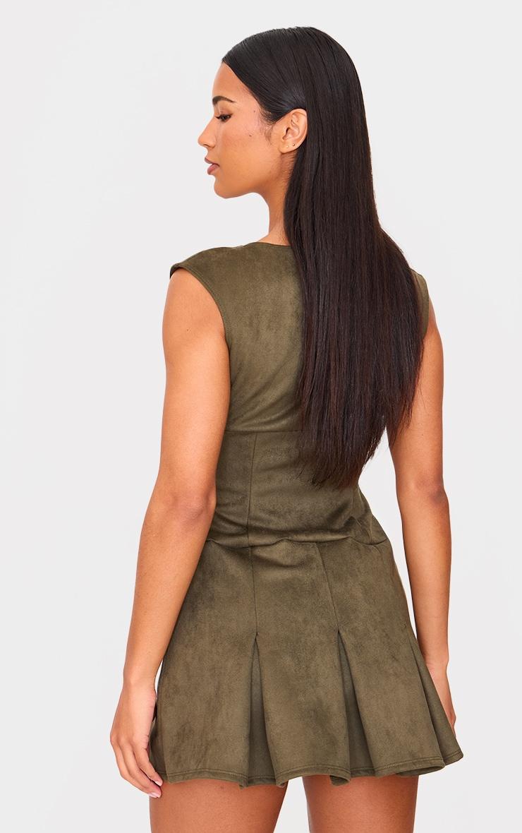 Khaki Faux Suede Pleated Pocket Detail Shift Dress Product Image