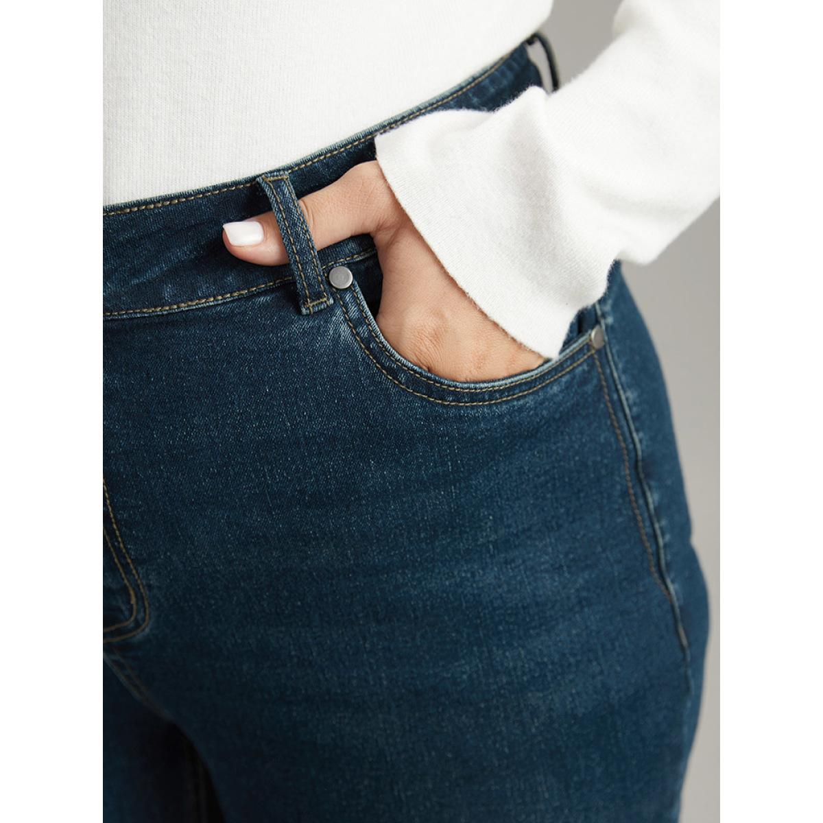 Plus Size Straight Leg Pocket Roll Hem Jeans Women Indigo Casual Plain Plain High stretch Pocket Jeans BloomChic 14/1X Product Image