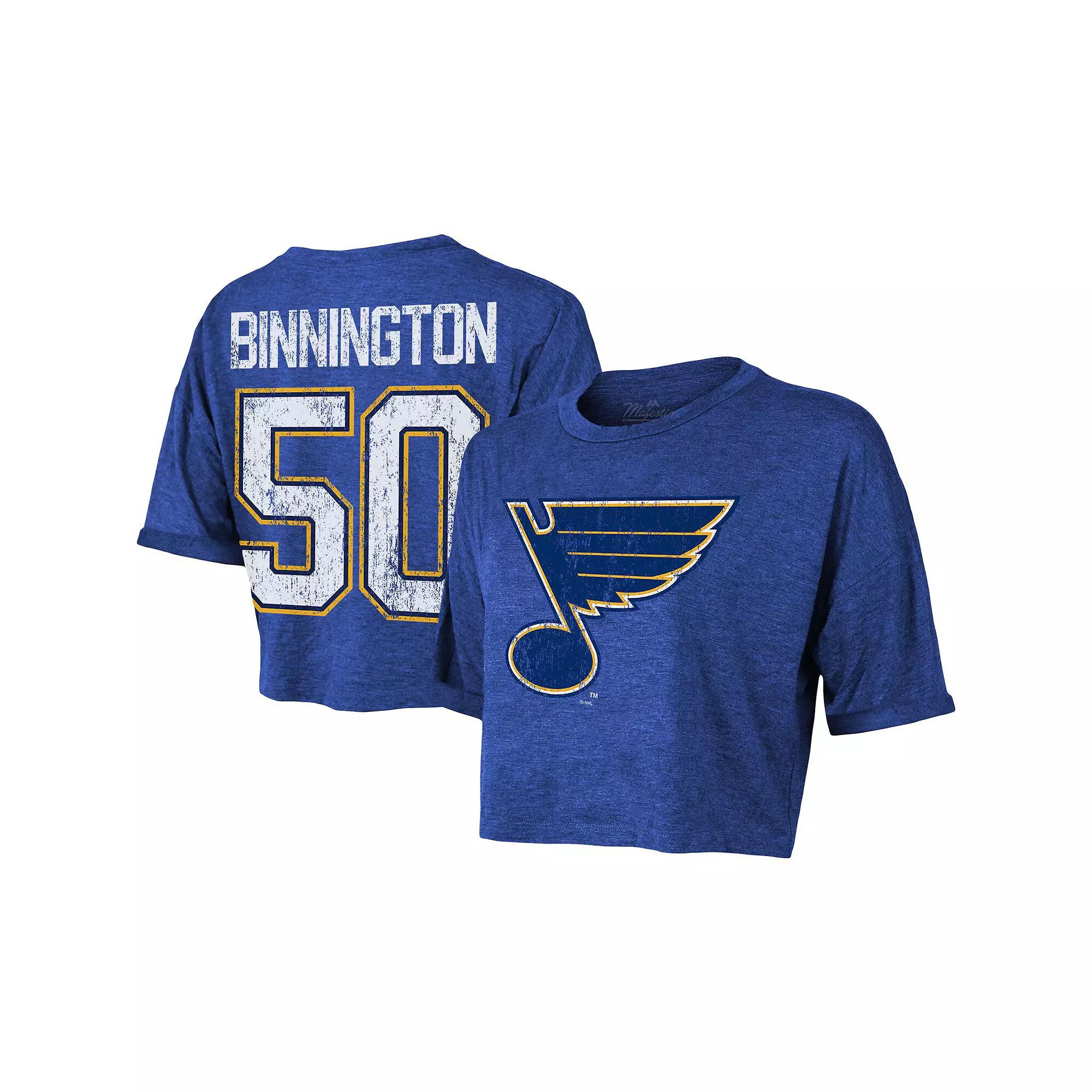 Women's Majestic ThreadsJordan Binnington Blue St. Louis Blues Boxy Crop Name & Number Cropped T-Shirt, Size: 2XL Product Image