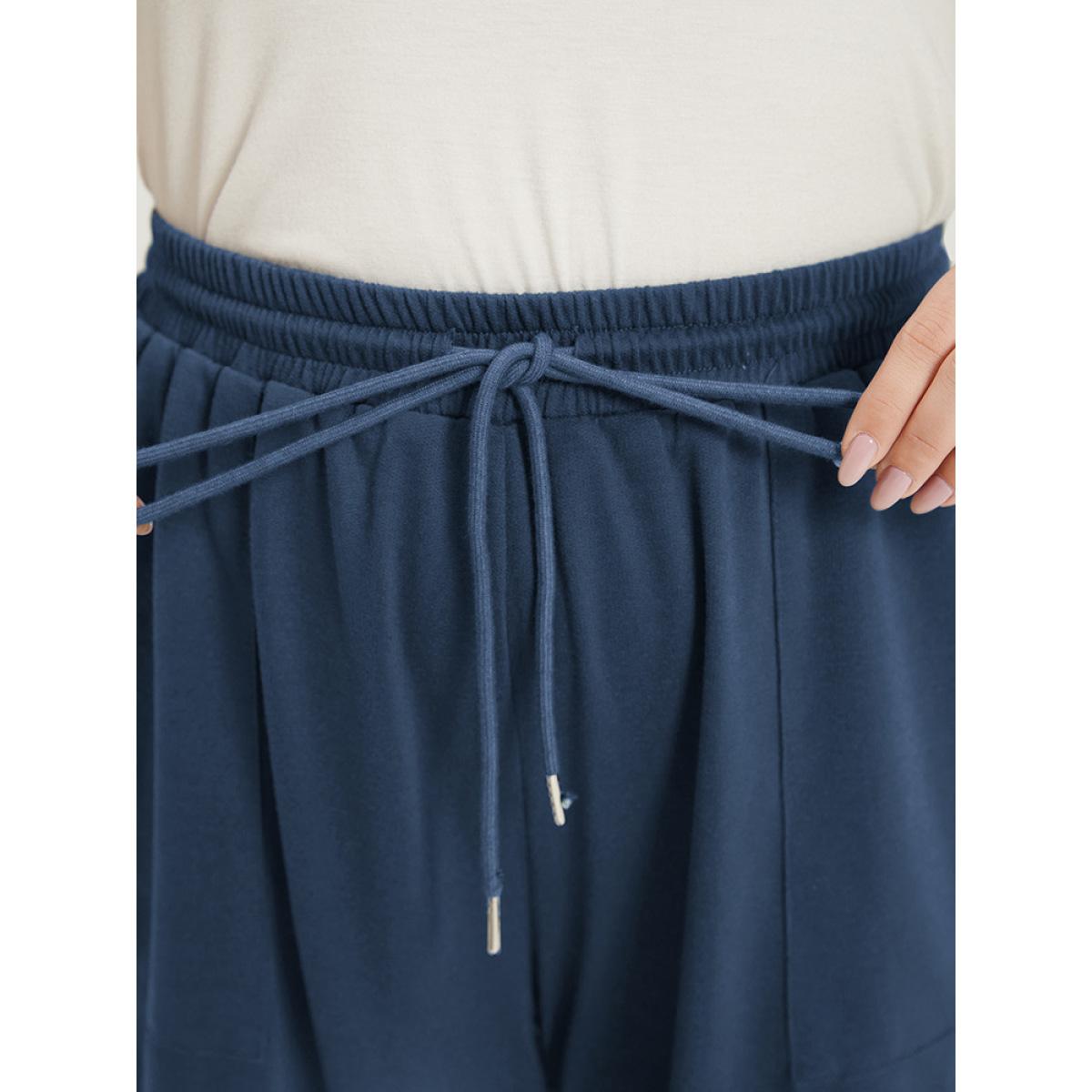 Solid Drawstring Pocket Ties Cut Out Sweatpants Aegean Plus Size Women Casual Dailywear Plain 14-16/1X Bloomchic Product Image