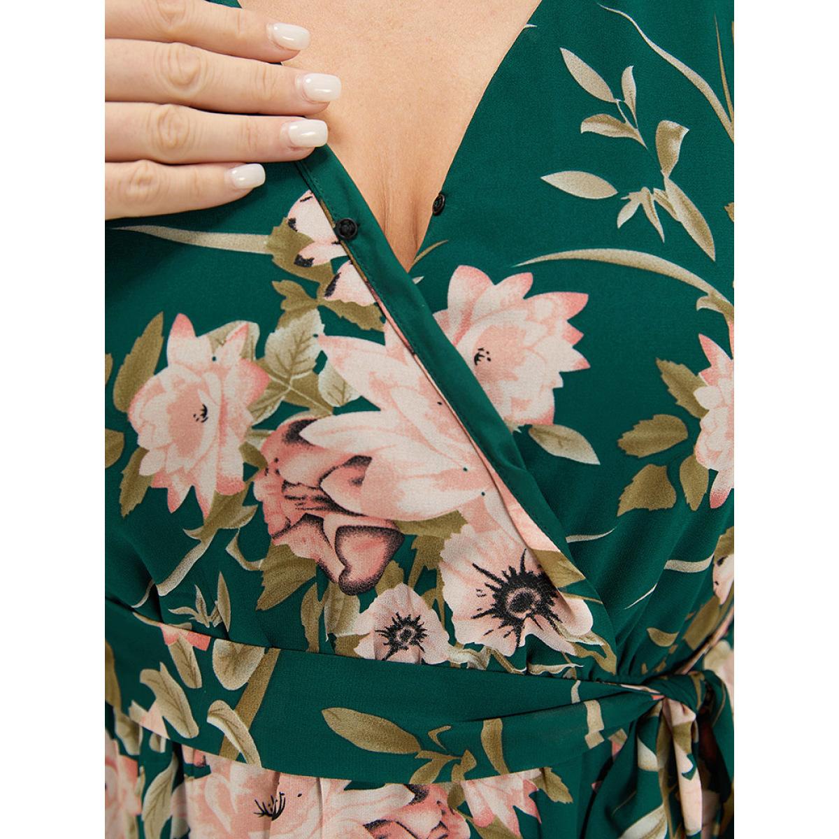 Plus Size Floral Print Surplice Neck Belted Dress DarkGreen Women Elegant Lined V-neck Elbow-length sleeve Curvy Midi Dress BloomChic 22-24/3X Product Image