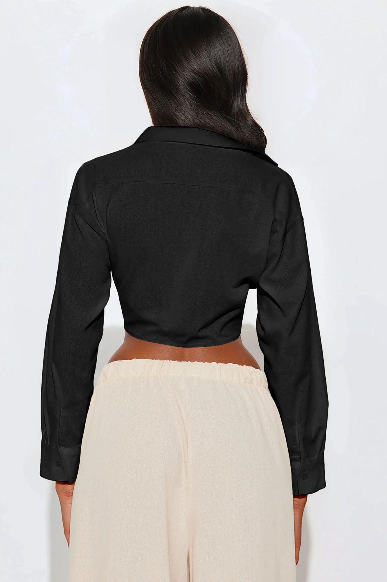 Alia Linen Tie Front Cropped Top - Black Female Product Image