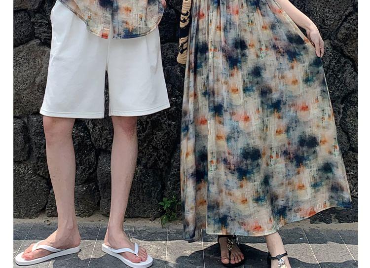 Couple Matching Short-Sleeve Collared Tie-Dye Button Up Shirt / Spaghetti Strap V-Neck Tie-Dye Maxi A-Line Dress / Plain Shorts Product Image