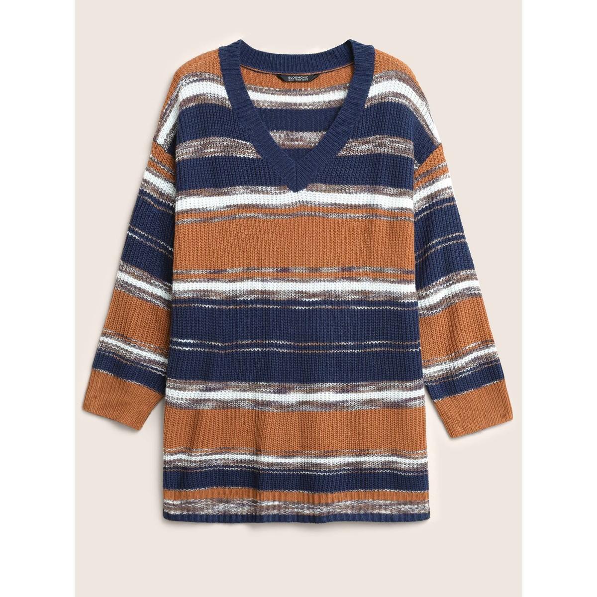 Plus Size Striped Colorblock Contrast Heather Patchwork Pullover Chocolate Women Casual Loose Long Sleeve V-neck Dailywear Pullovers BloomChic 12/L Product Image