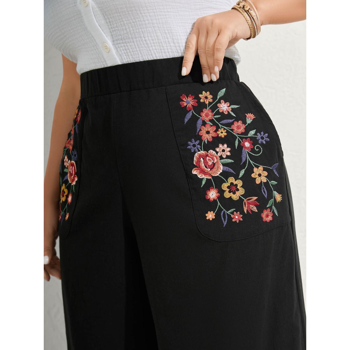 Plus Size Cotton Floral Embroidered Pockets Ribbed Hem Pants Women Black Boho Loose Mid Rise Vacation Pants BloomChic 28/5X Product Image