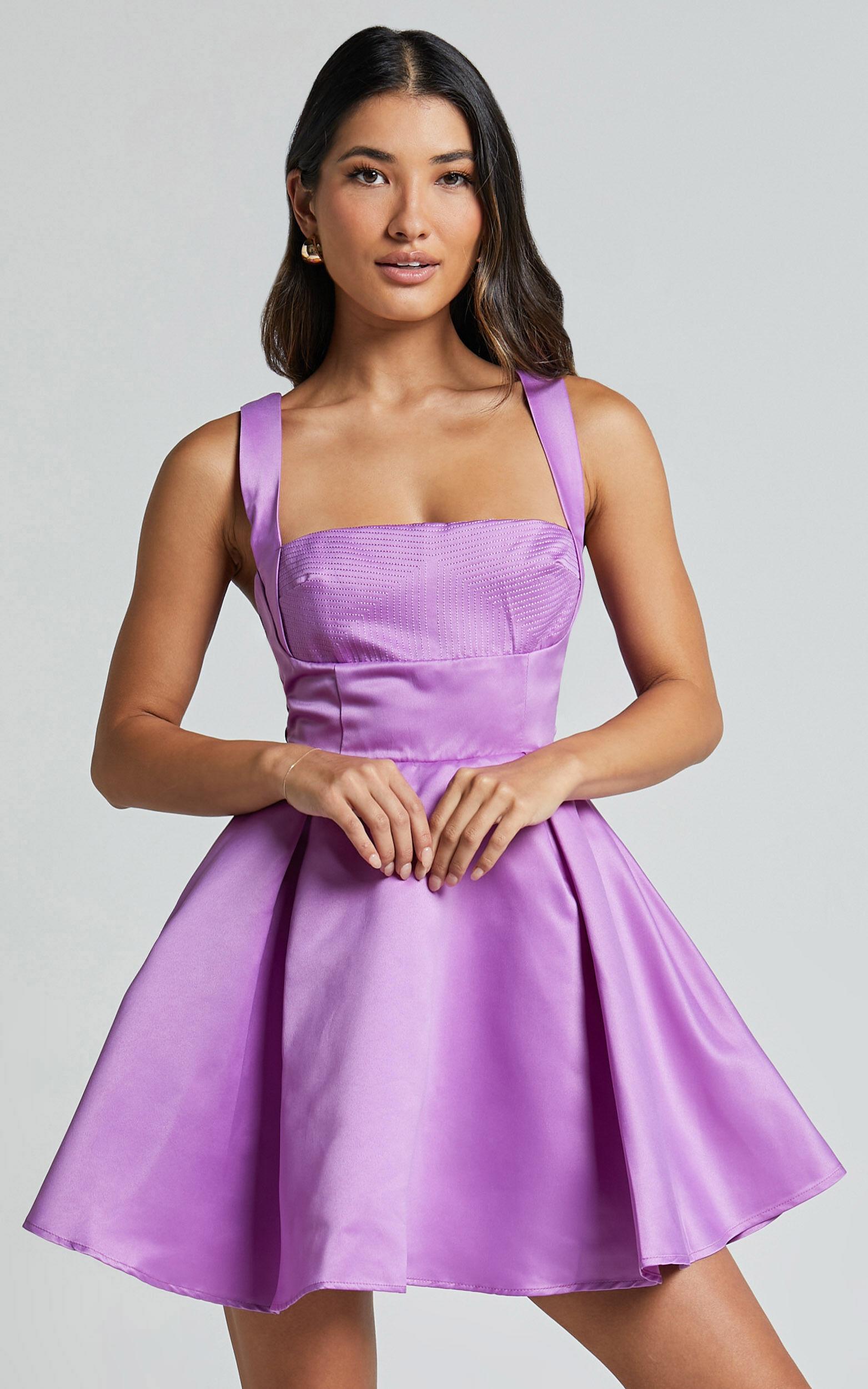 Stephanie Mini Dress - Satin Square Neck Tie Back Dress in Orchid Product Image