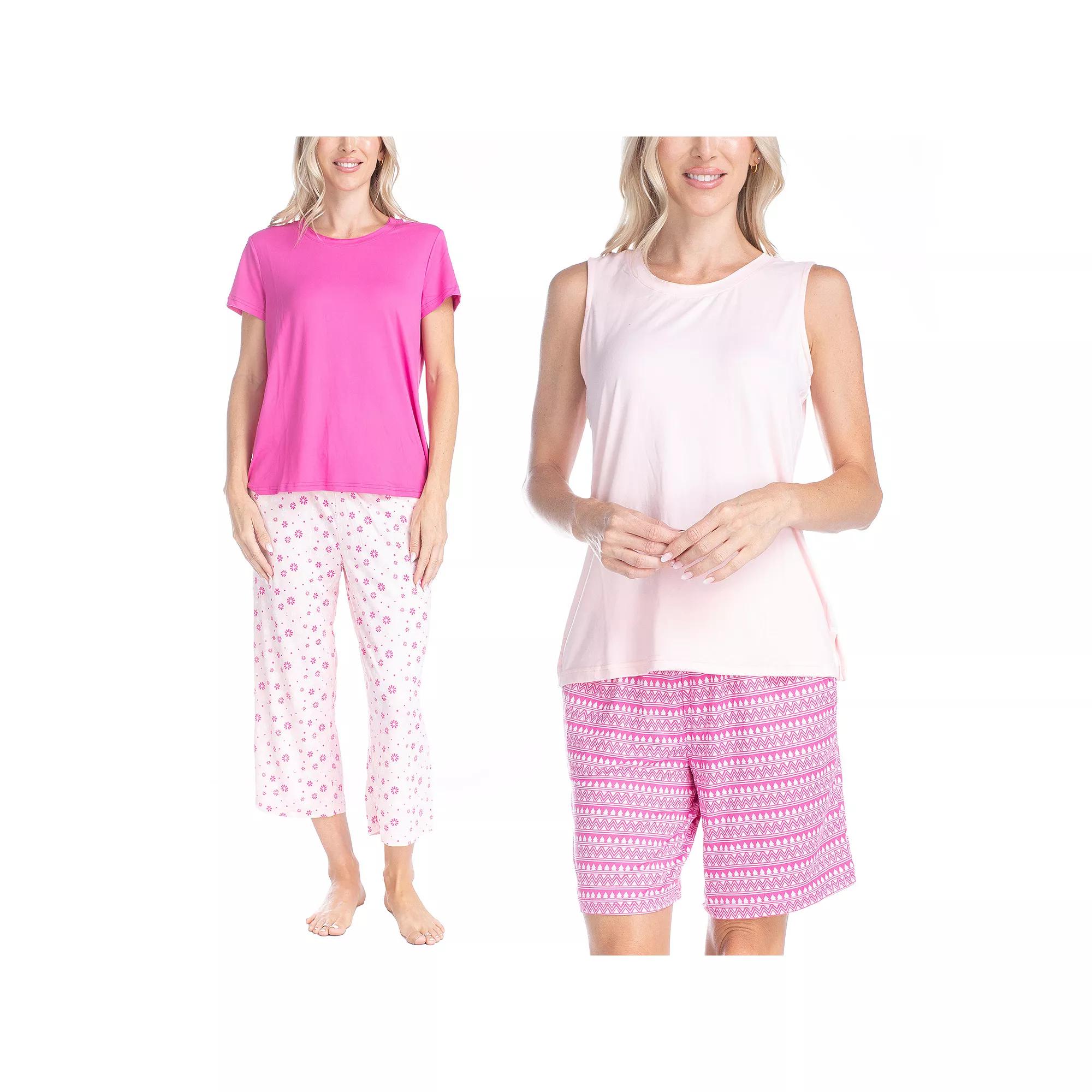 MUK LUKS All Mixed Up 4-pc. Pajama Top & Pajama Bottoms Set in Petite and Plus Size, Women's, Size: 1XL, Pinky Daisy Stripe Product Image