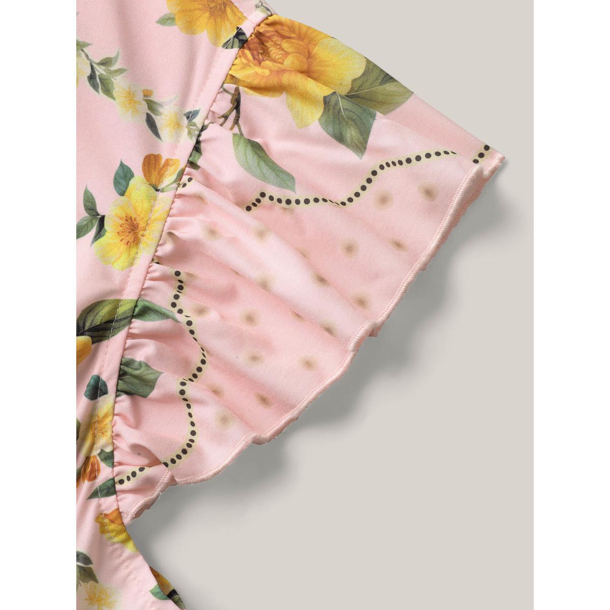 Plus Size Tropical Print Shirred Waist Flutter Maxi Dress Crepe Women V-neck Short sleeve Curvy BloomChic 10/M Product Image