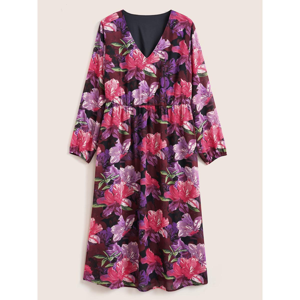 Plus Size Floral Lantern Sleeve Mesh Elastic Waist Dress RedViolet Women Elegant Non V-neck Long Sleeve Curvy Midi Dress BloomChic 10/M Product Image