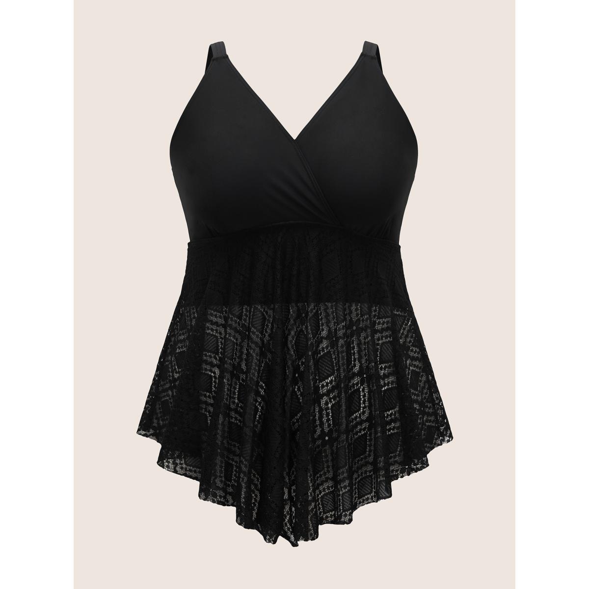 Plus Size V Neck Crochet Lace Mesh Swim Top Women's Swimwear Black Beach Texture High stretch Bodycon Overlap Collar Curve Swim Tops BloomChic 18-20/2X Product Image