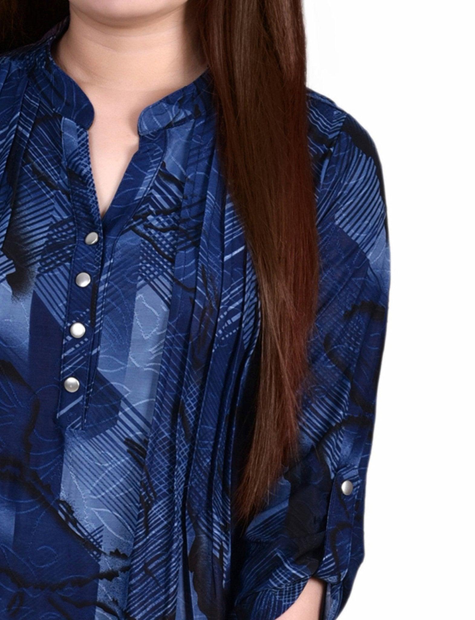 Navy Chervon 3/4 Sleeve Roll Tab Y Neck Top Product Image