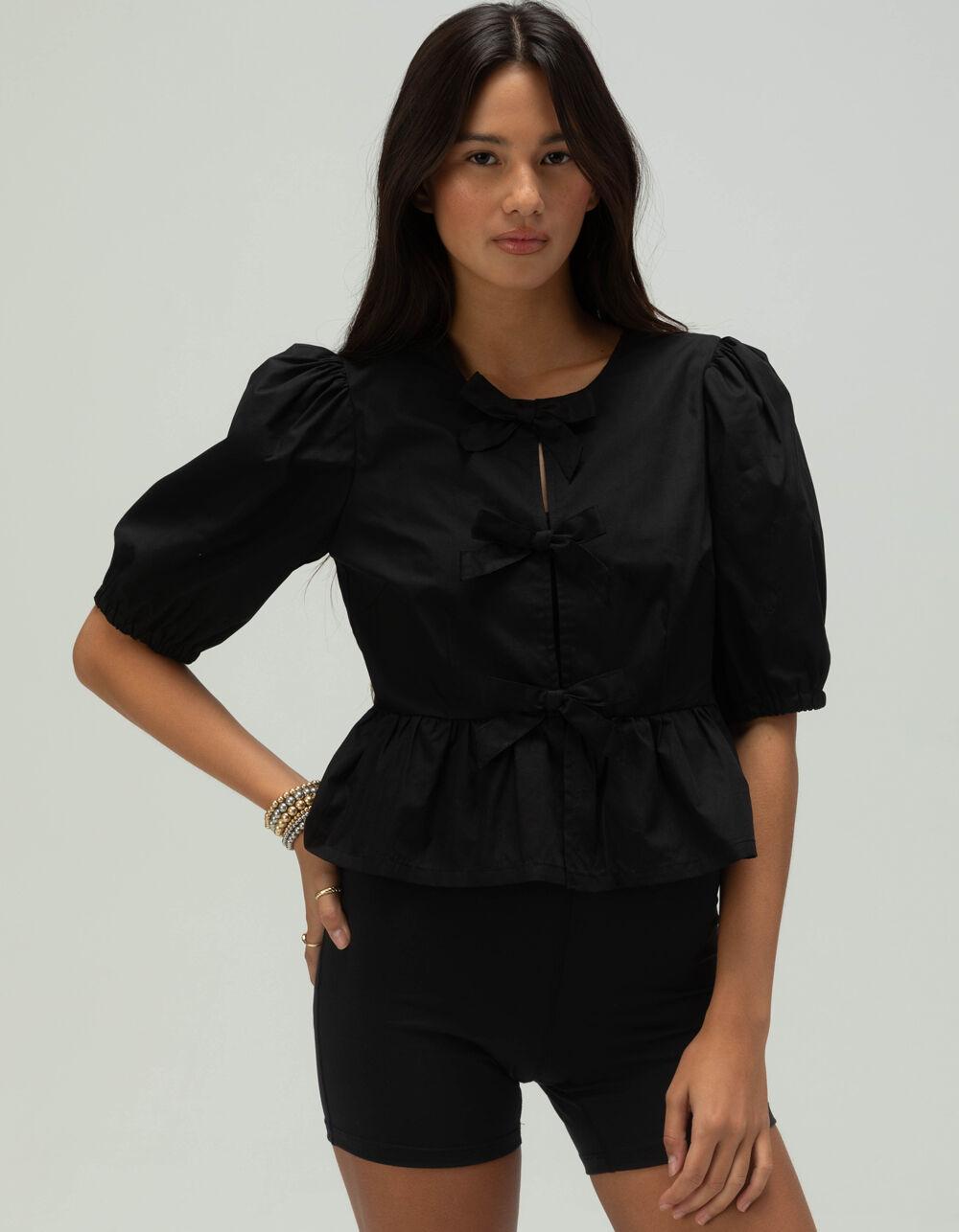 WEST OF MELROSE Tie Front Puff Sleeve Womens Top - WHITE Product Image