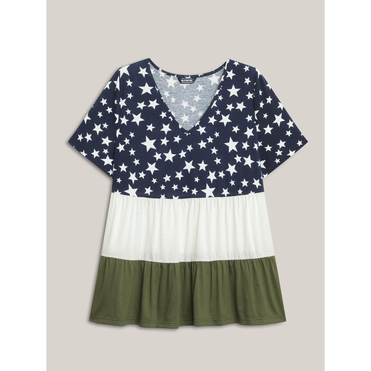 Plus Size Star Print Color Contrast Tiered T-Shirt Multicolor Women Gathered V-neck Everyday-Casual T-shirts BloomChic 12/L Product Image