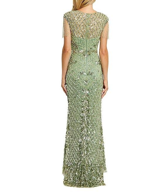 Mac Duggal Sequin Embellished Crew Neck Cap Sleeve Sequin Belt Beaded Fringe Sheath Gown Product Image