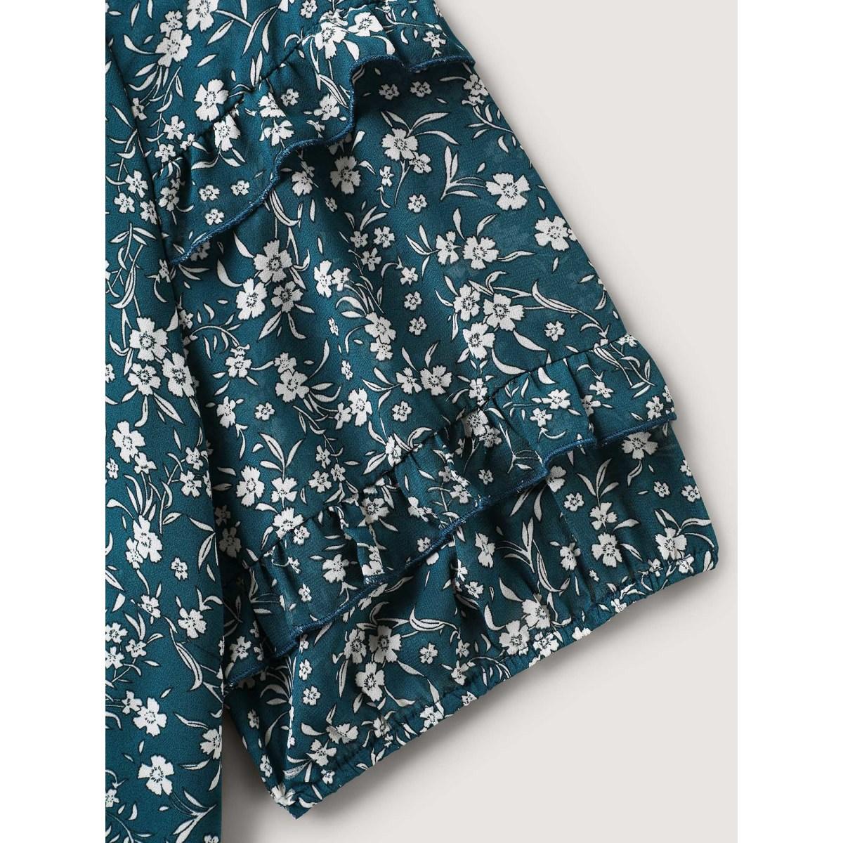 Plus Size Aegean Delicate Florals Ruffled Tiered Sleeve Blouse Women Timeless Short sleeve Round Neck Vacation Blouses BloomChic 28/5X Product Image