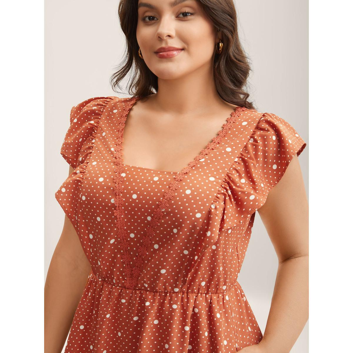 Plus Size Polka Dots Ruffled Cinched-Waist Dress Coral Women V-neck Short sleeve Curvy BloomChic 18-20/2X Product Image