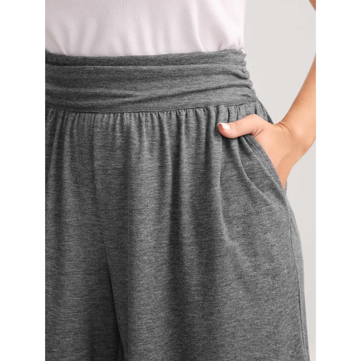 Plus Size Supersoft Stretchy Pleated Waist Straight-Leg Pants Women DimGray Leisure Wide Leg Mid Rise Casual Pants BloomChic 10/M Product Image