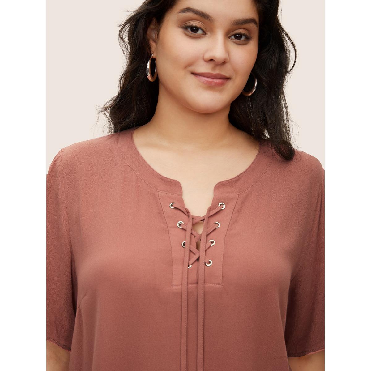 Plus Size Rouge Rayon Plain Lace Up Blouse Women Casual Short sleeve Round Neck Everyday Blouses BloomChic 10/M Product Image