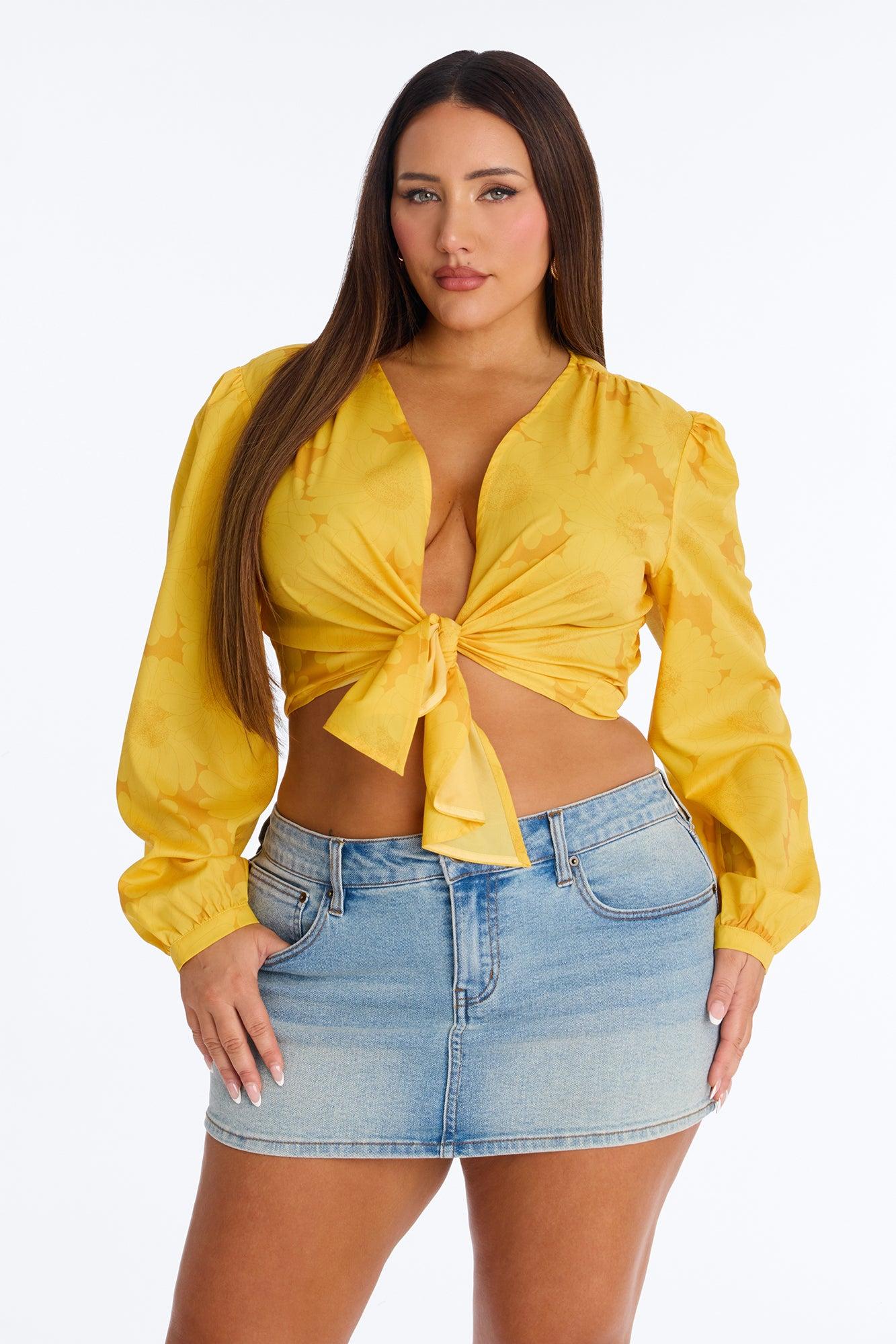 Summer Breeze Therapy Floral Satin Top - Yellow Female Product Image