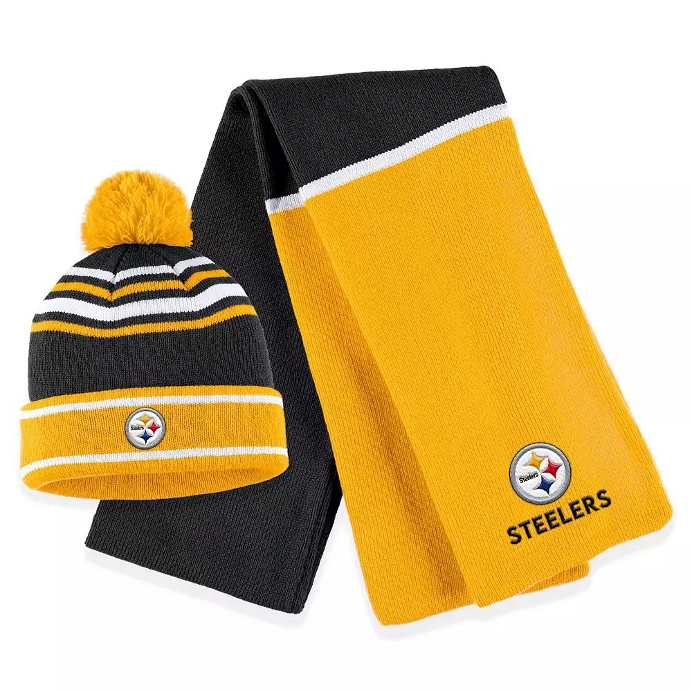 Women's WEAR by Erin Andrews Black Pittsburgh Steelers Colorblock Cuffed Knit Hat with Pom and Scarf Set Product Image