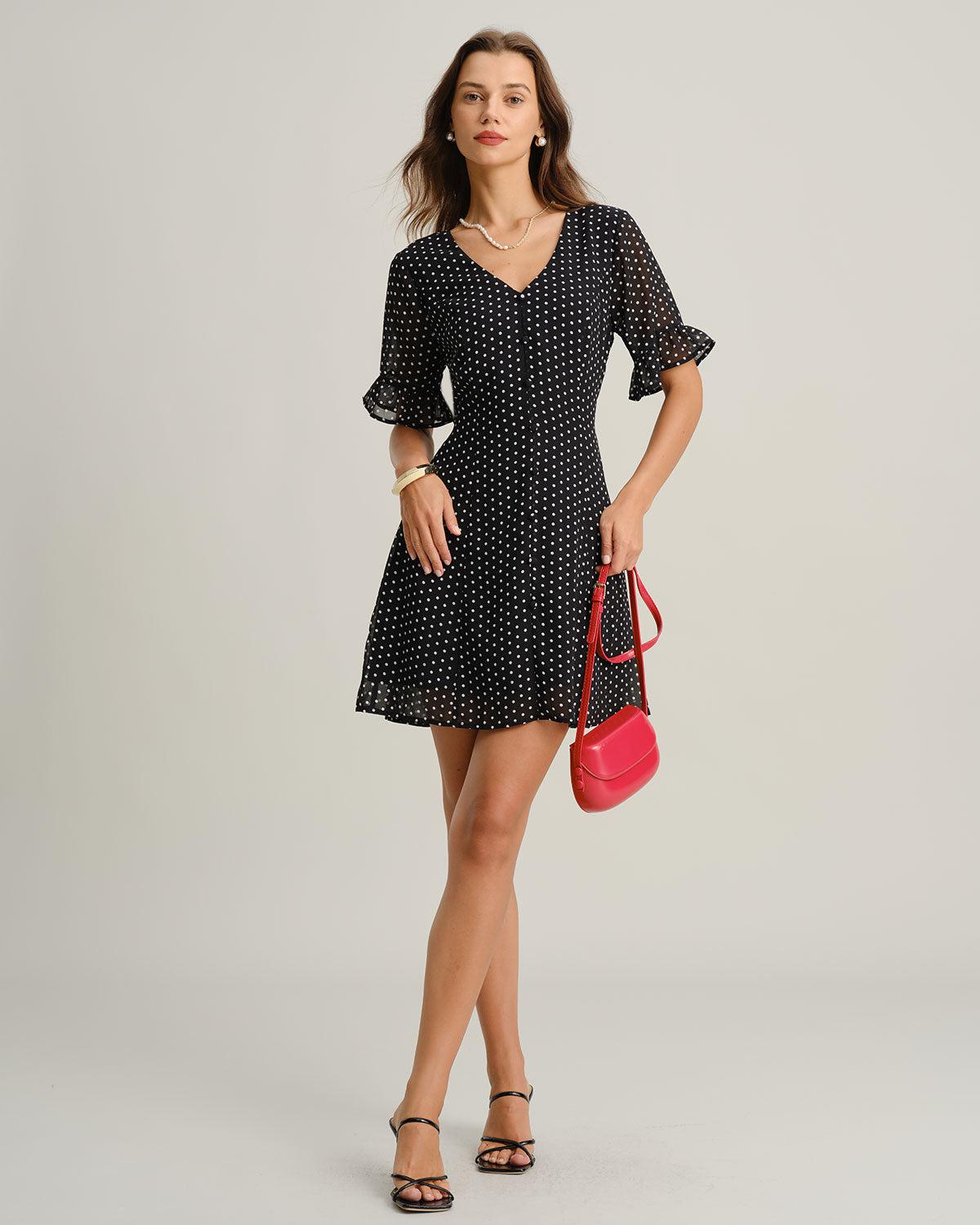Black Polka Dot V Neck Ruffle Mini Dress Product Image