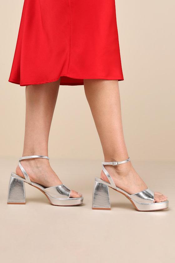 Shirine Silver Metallic Platform Ankle Strap Heels Product Image
