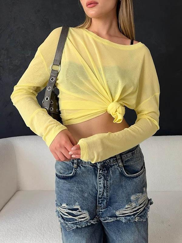 Long Sleeves Loose Solid Color Round-Neck T-Shirts Tops Product Image