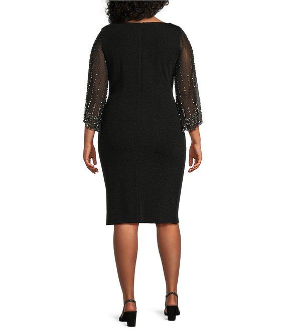 Alex Evenings Plus Size Cowl Neck 3/4 Beaded Illusion Sleeve Metallic Knit Sheath Dress Product Image