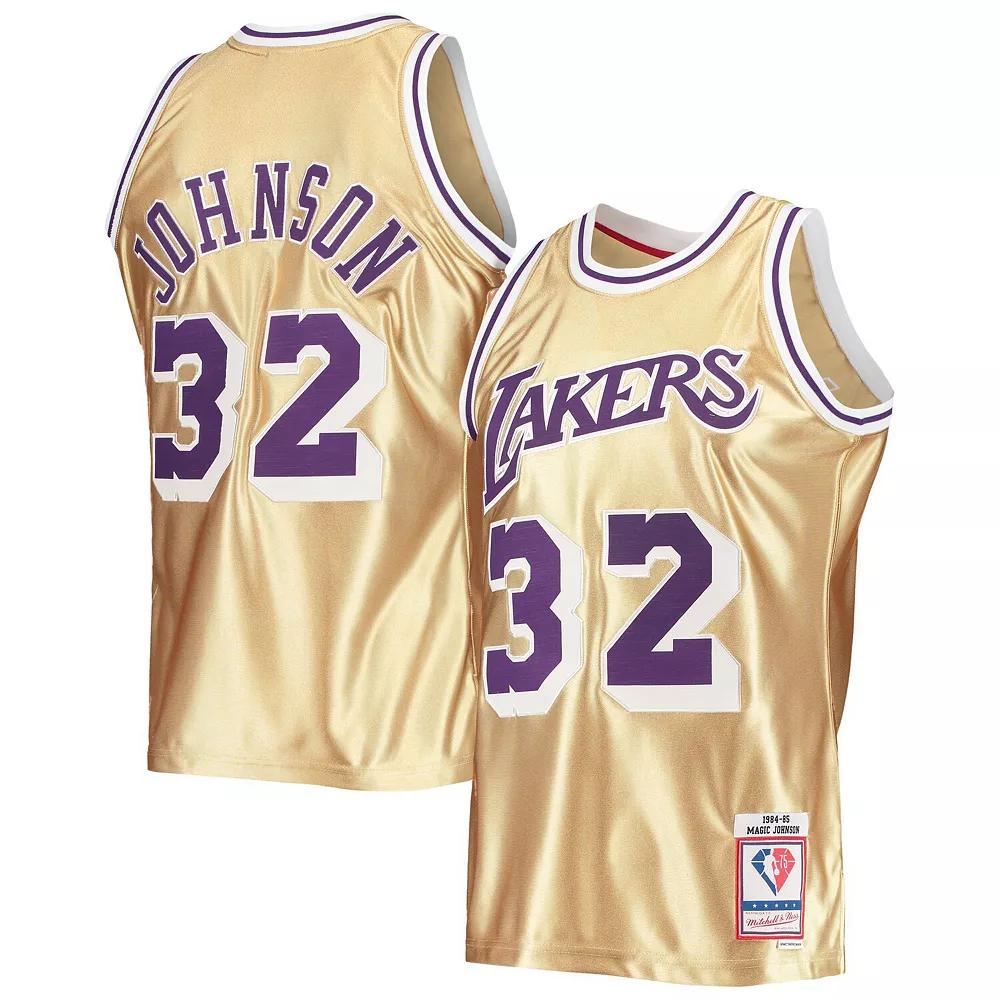 Men's Mitchell & Ness Magic Johnson Gold Los Angeles Lakers 75th Anniversary 1984/85 Hardwood Classics Swingman Jersey, Size: Small Product Image