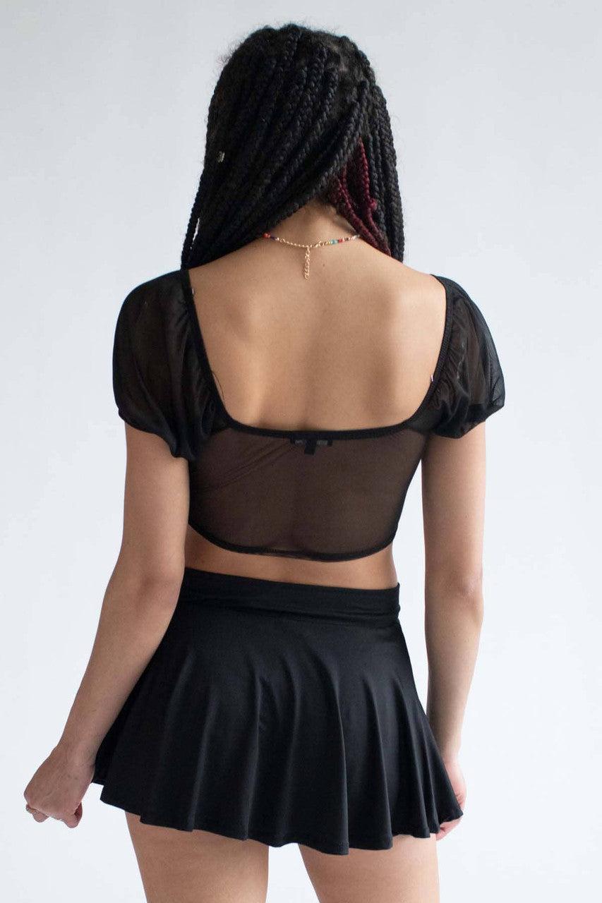 Black Mesh Milkmaid Cinched Cropped Top Product Image
