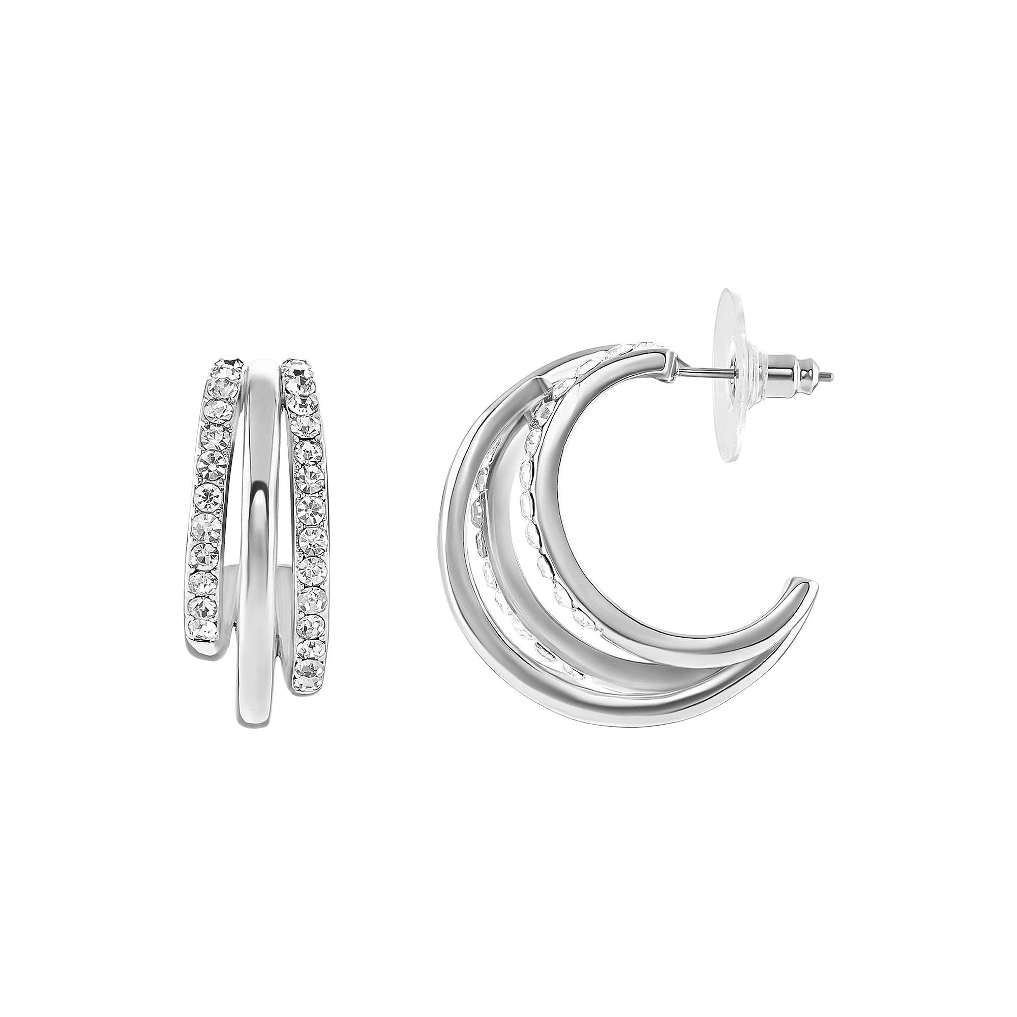 Emberly Silver Tone Pave Glass Stone Triple C-Hoop Earrings, Women's, White Product Image