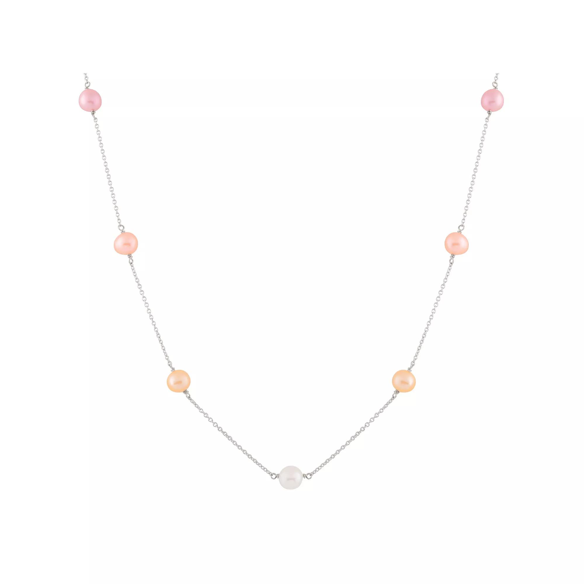 Sterling Silver Freshwater Cultured Pearl Station Necklace, Women's, Size: 18", Silvertone Product Image