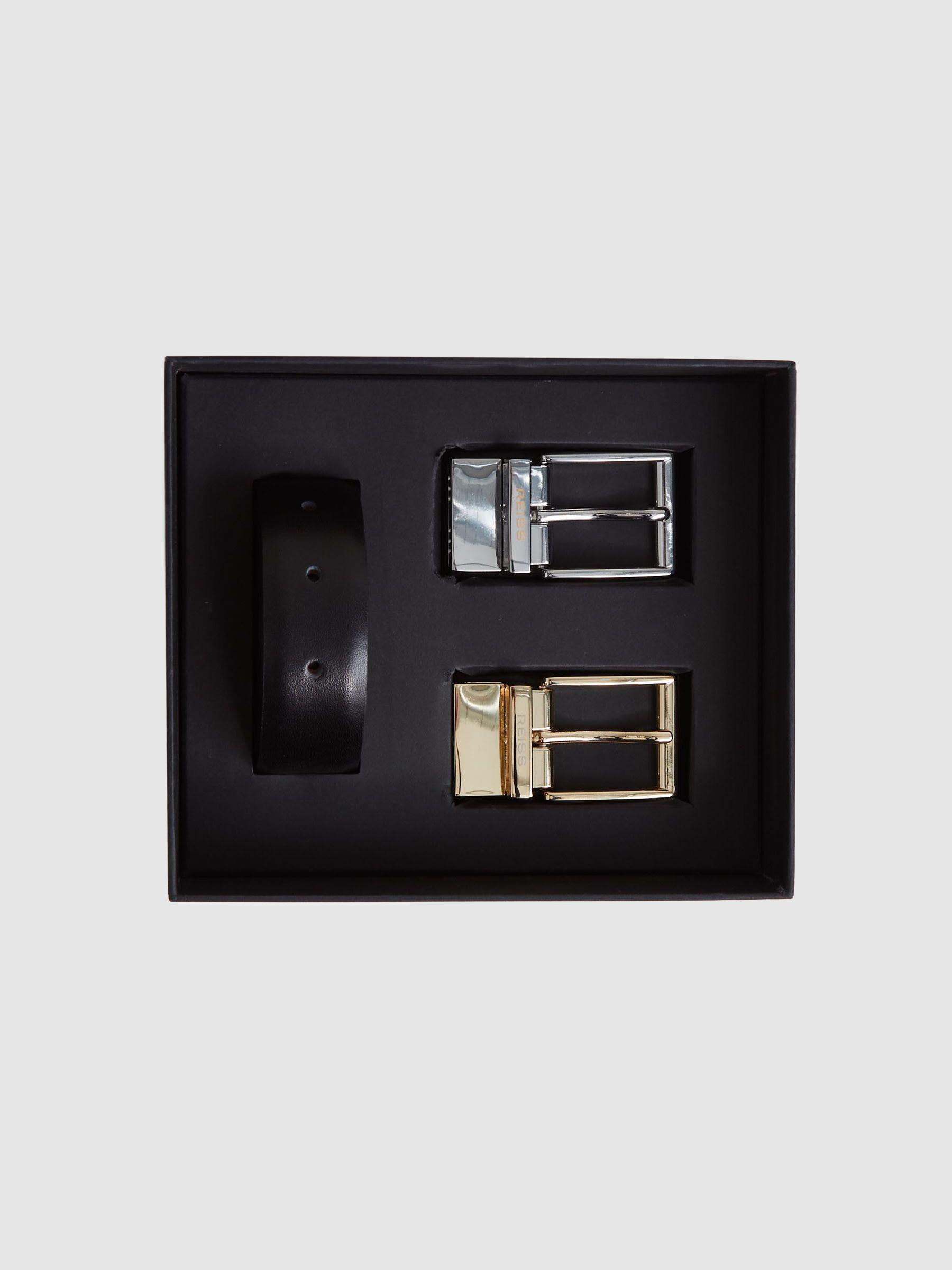 Reversible Leather Belt with Interchangeable Buckle in Black/Brown Product Image