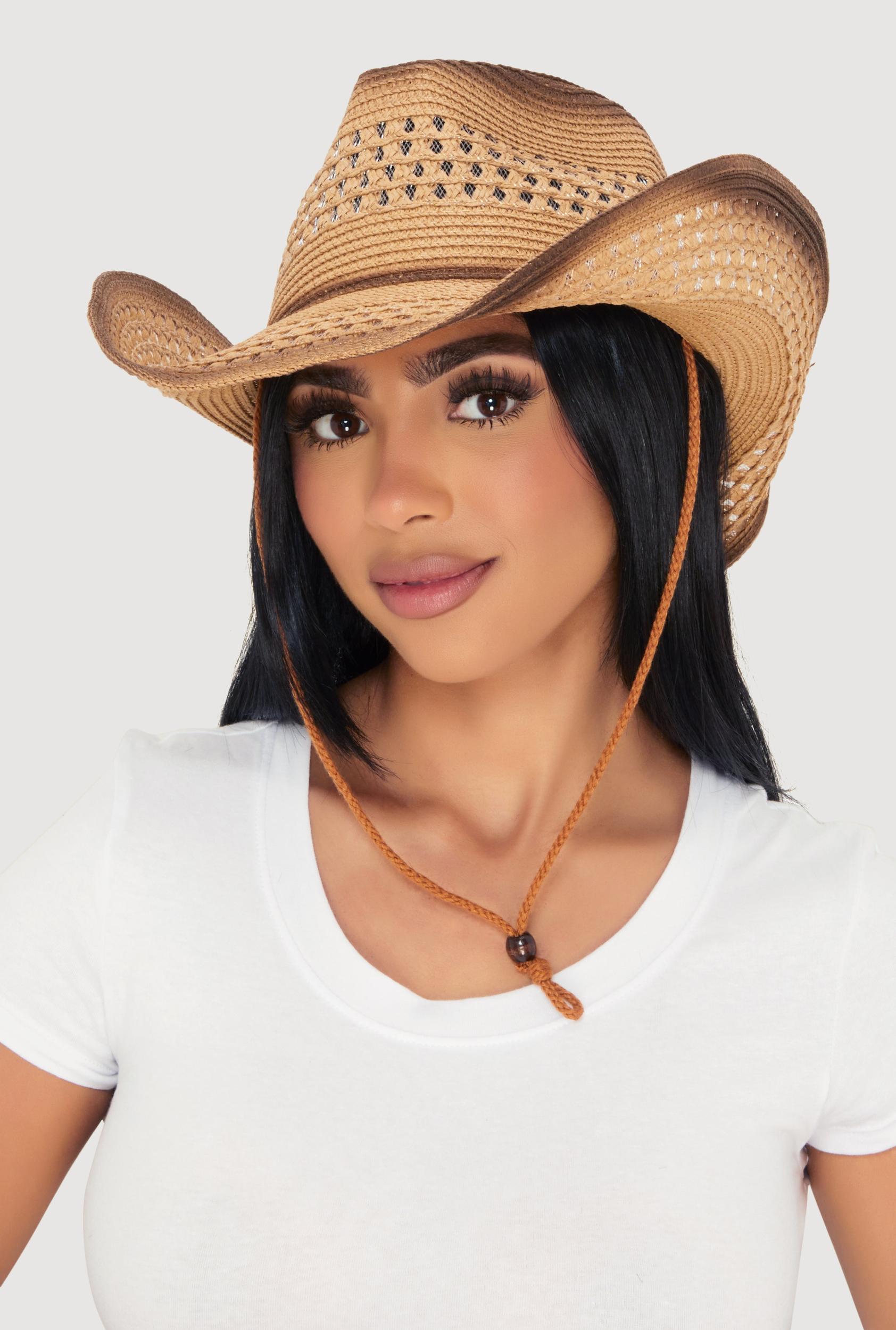Ombre Beaded Toggle Chin Strap Straw Cowboy Hat Female Product Image