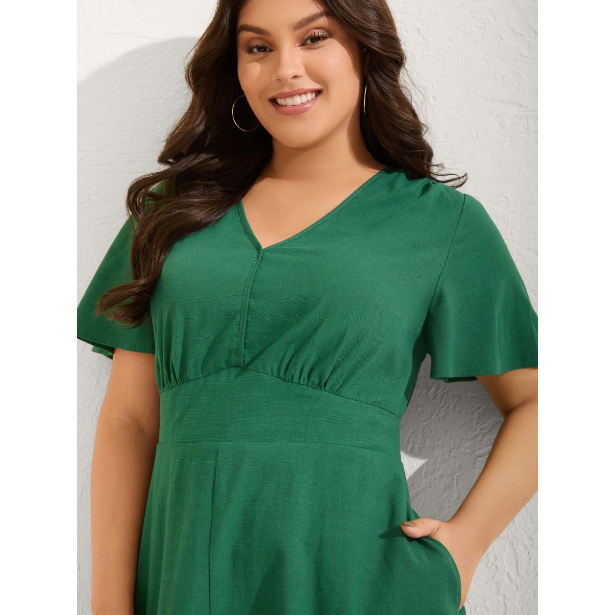 Plus Size DarkGreen Cinched-Waist V-Neck Solid Romper Women Short sleeve Non Vacation Loose Jumpsuits BloomChic 14-16/1X Product Image