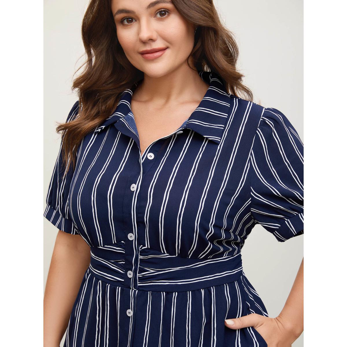 Plus Size Striped Waist-Cinched Pockets Midi Dress Indigo Women Pleated Shirt collar Short sleeve Curvy BloomChic 14-16/1X Product Image
