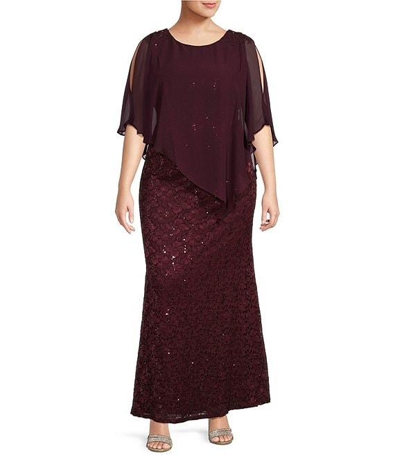 Ignite Evenings Plus Size Short Sleeve Round Neck Beaded Sequin Floral Lace Caplet Gown Product Image