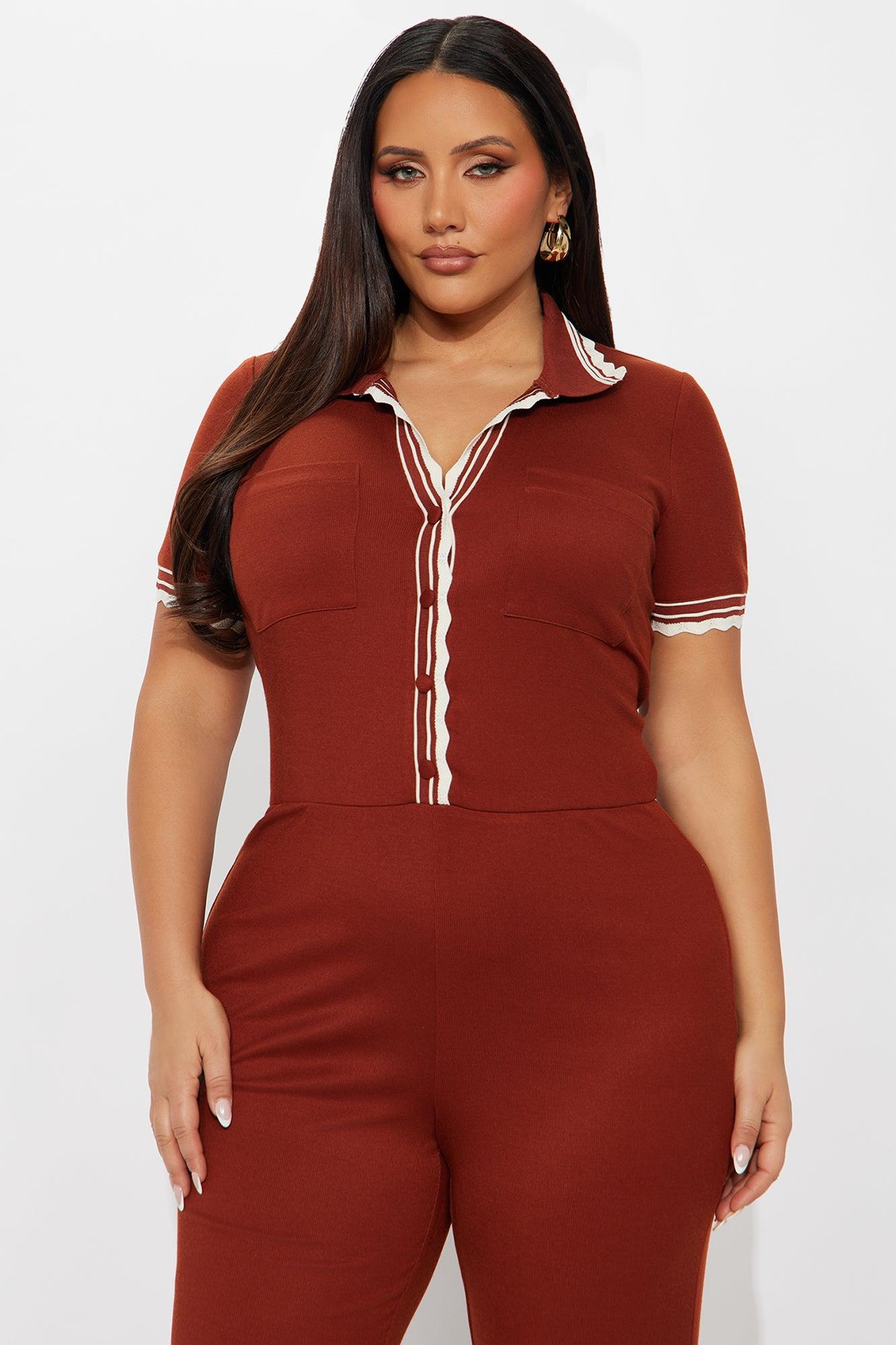 Juliette Ribbed Flare Leg Jumpsuit - Rust Female Product Image