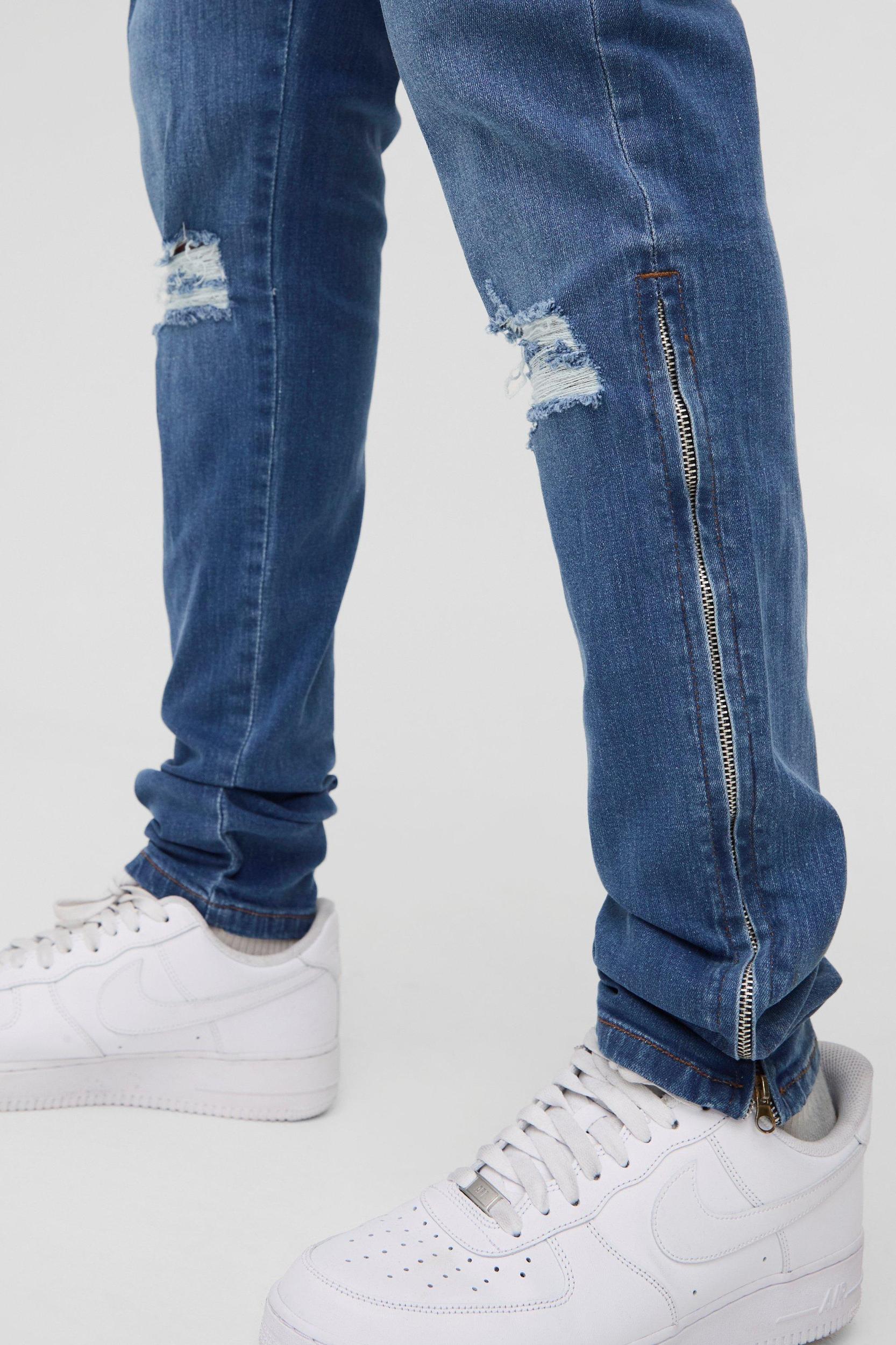 Tall Stretch Skinny Zip Hem Ripped Jeans | boohooMAN USA Product Image