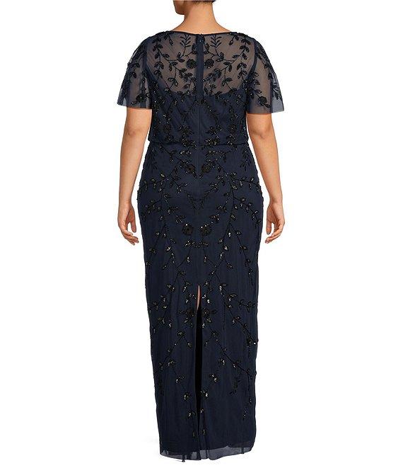 Adrianna Papell Plus Size Illusion Boat Neck Flutter Sleeve Beaded Mesh Blouson Column Dress Product Image