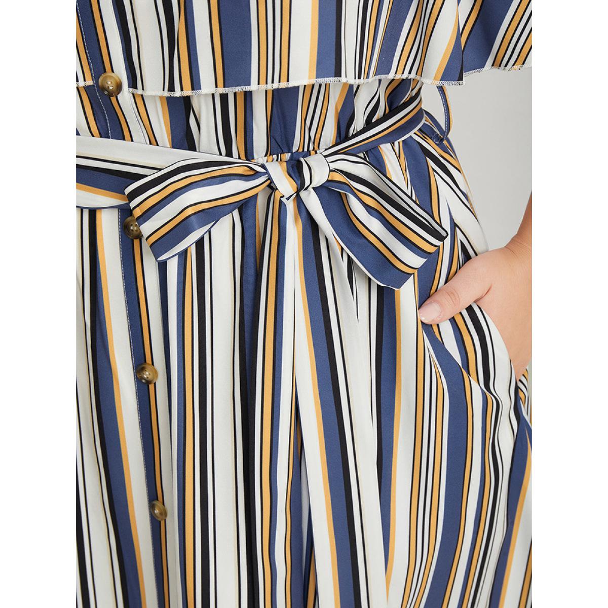 Plus Size Striped Cold Shoulder Belt Pocket Button Detail Dress Blue Women Vacation Adjustable Straps Spaghetti Strap Short sleeve Curvy Knee Dress BloomChic 18-20/2X Product Image